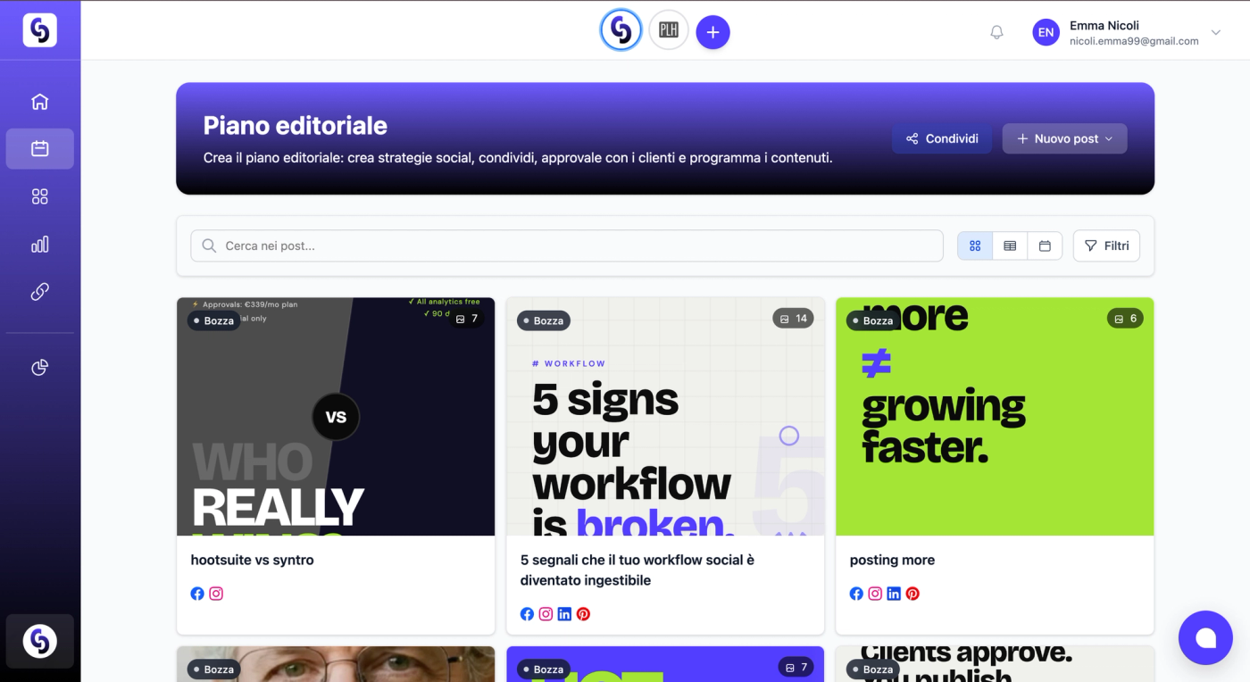Piano editoriale Syntro Social: interfaccia con sezione piano editoriale e gallery di post social in anteprima