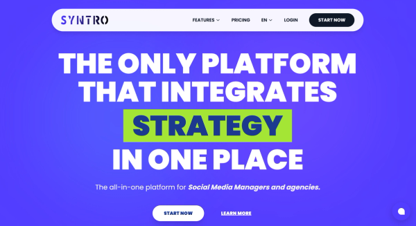 Syntro Social: homepage con sfondo blu, logo bianco, headline bianca con highlight verde neon, navbar e CTA