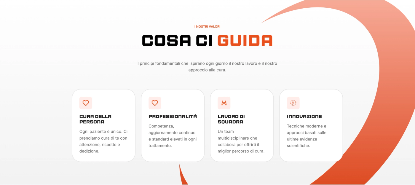 Sezione valori di Studio Salus 360: Cura della persona, Professionalità, Lavoro di squadra e Innovazione