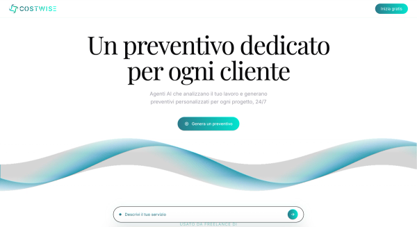 Interfaccia Costwise con logo turchese, titolo nero, bottoni turchesi e onde decorative blu-grigie su sfondo bianco