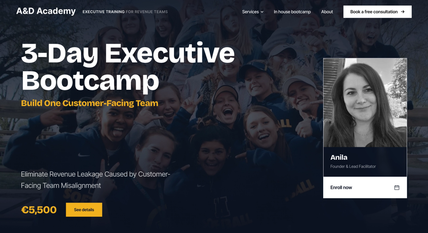 Bootcamp esecutivo di 3 giorni con Anila, fondatrice e facilitatrice, per allineare i team rivolti ai clienti