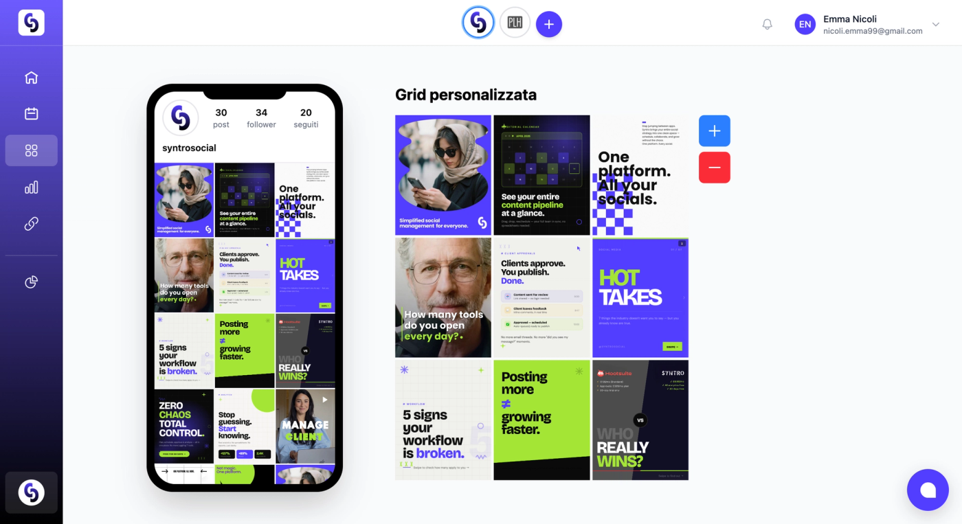 Interfaccia Syntro Social con feed personalizzato su smartphone e grid di contenuti colorati con typography bold