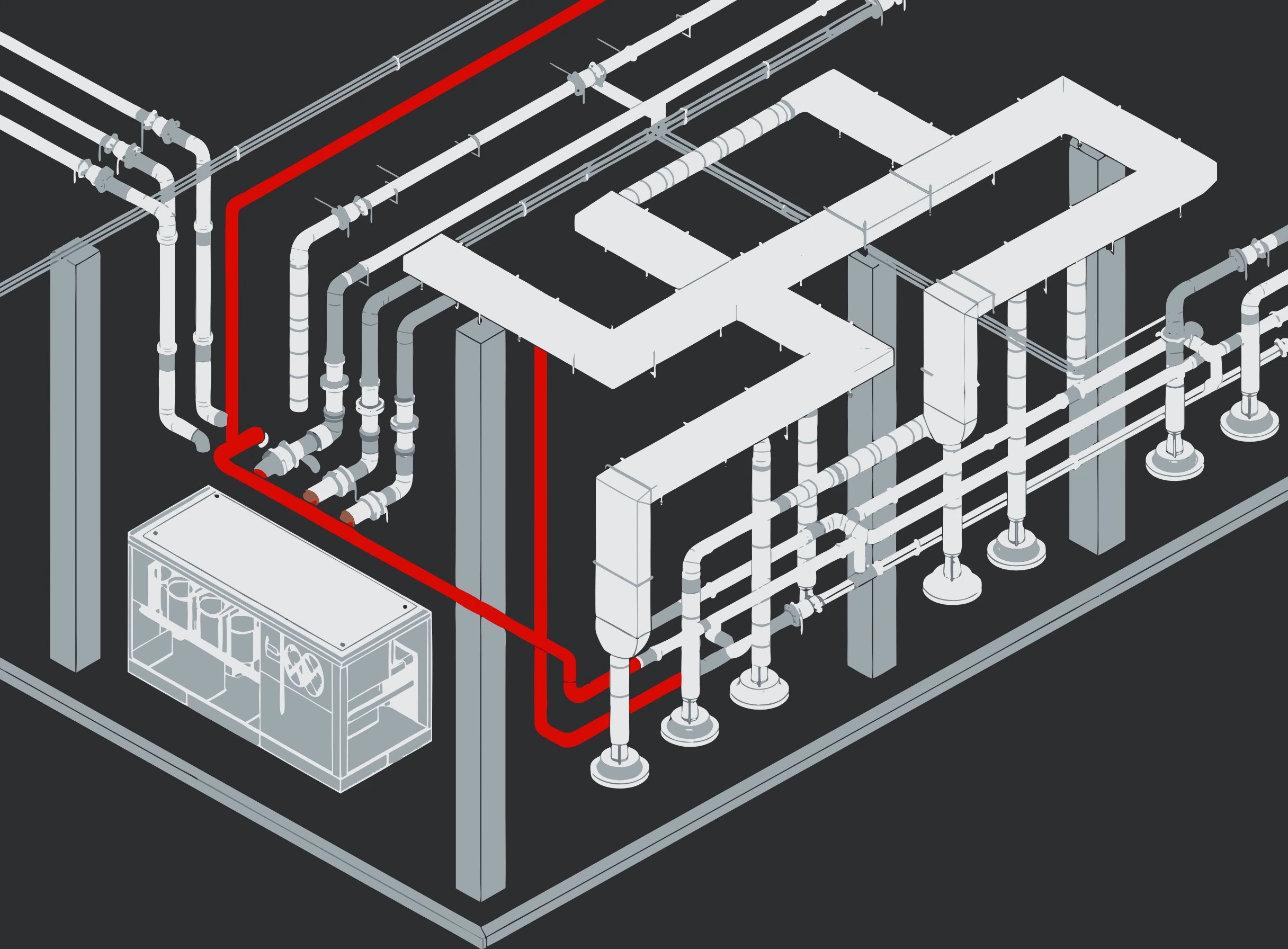 Isometric technical illustration of coordinated ductwork, piping and an air handling unit beneath a concrete slab