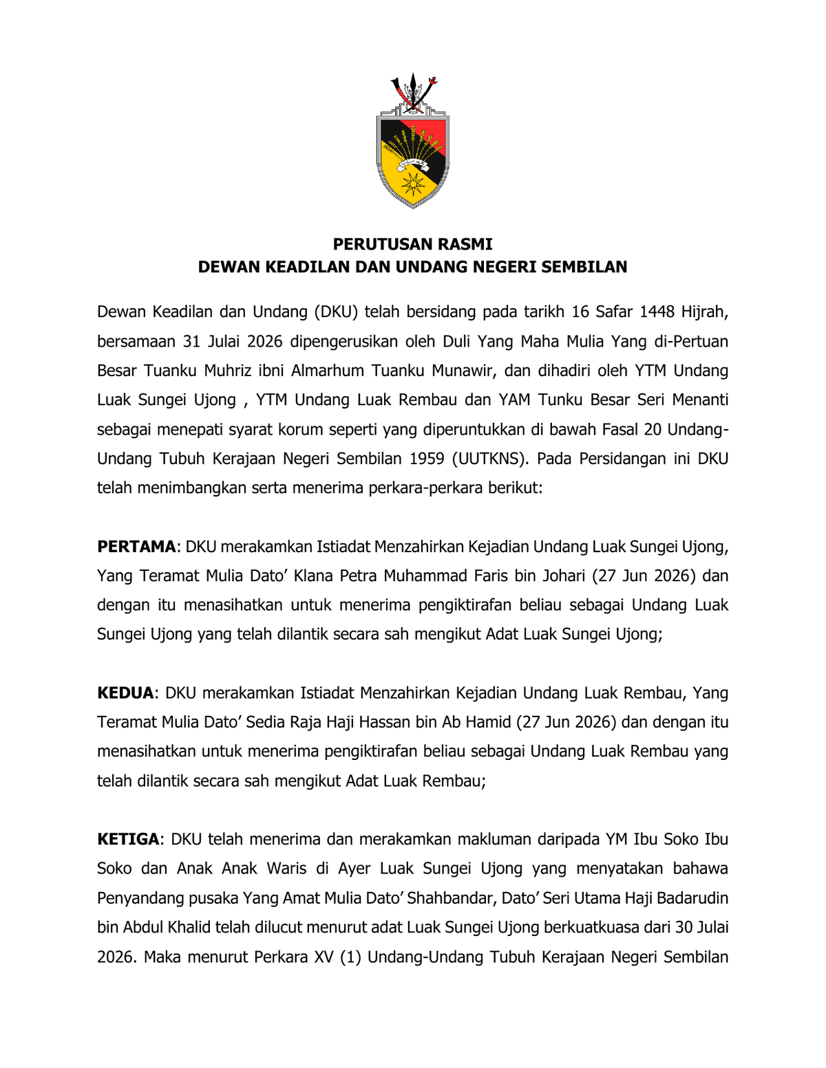 Muka surat 1 perutusan rasmi Dewan Keadilan dan Undang Negeri Sembilan bertarikh 1 Ogos 2026