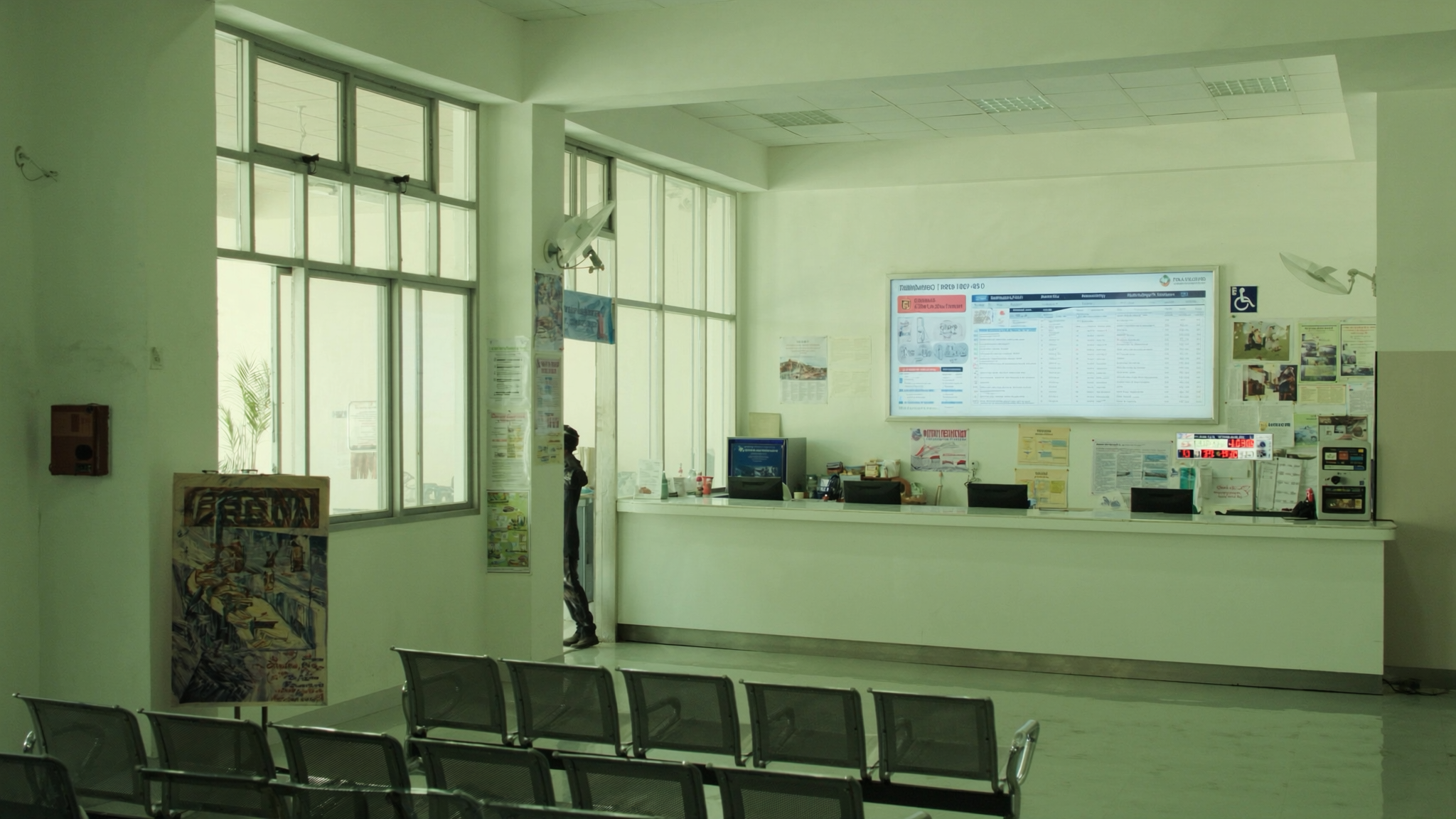 Kaunter pendaftaran hospital kerajaan dengan ruang menunggu yang kosong
