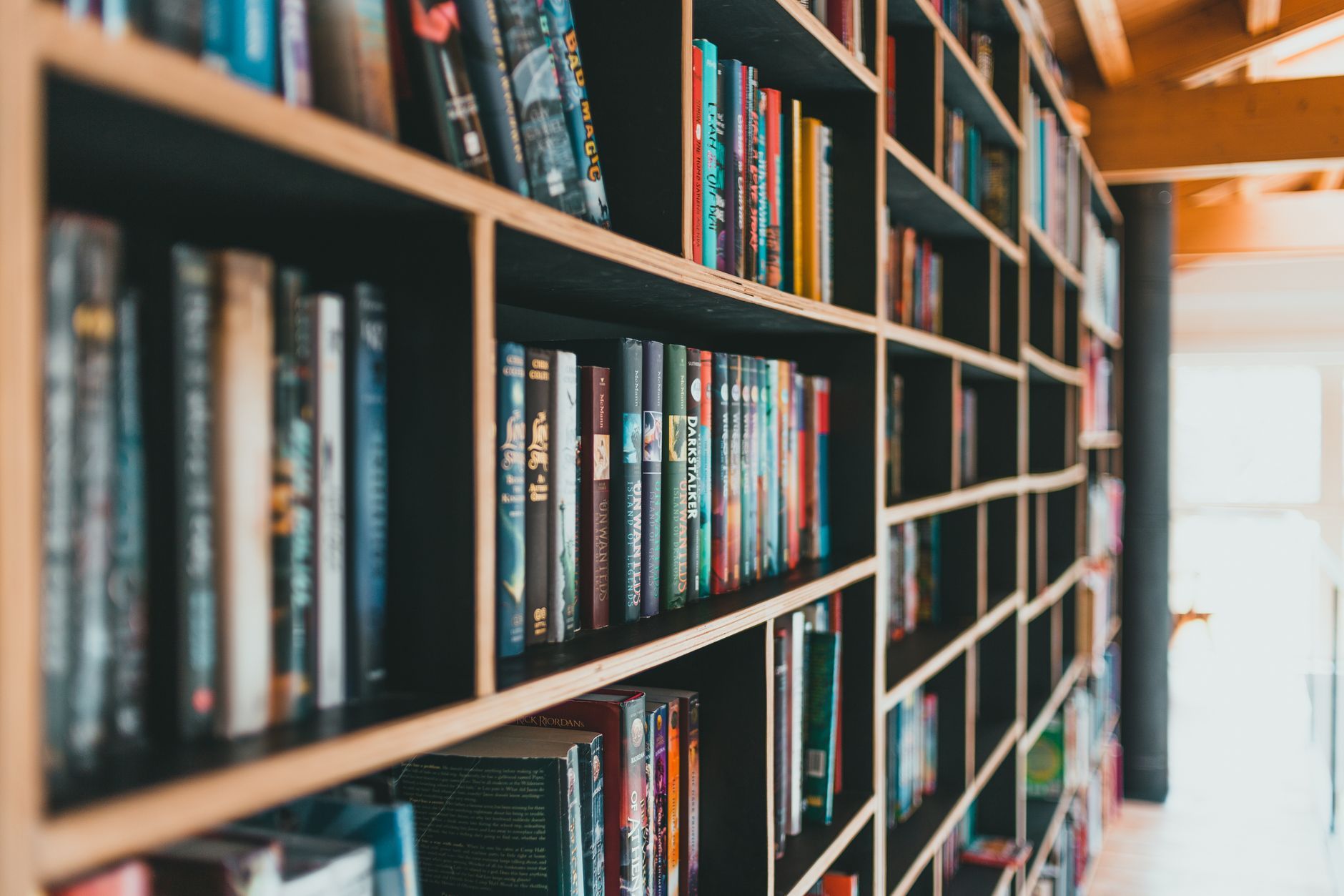Rak buku di sebuah perpustakaan sekolah, melambangkan dasar bahasa dan kurikulum kebangsaan