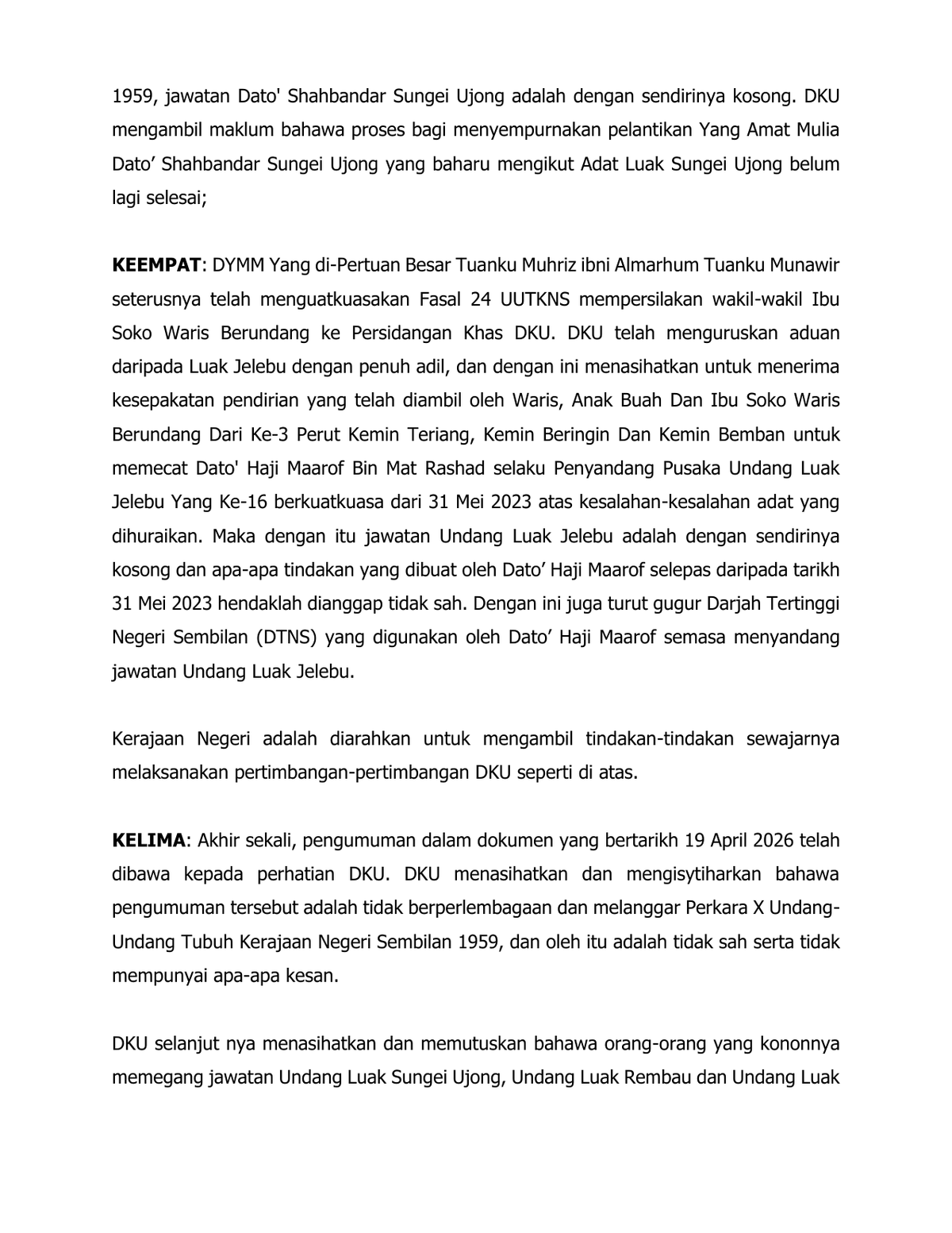 Muka surat 2 perutusan rasmi Dewan Keadilan dan Undang Negeri Sembilan bertarikh 1 Ogos 2026