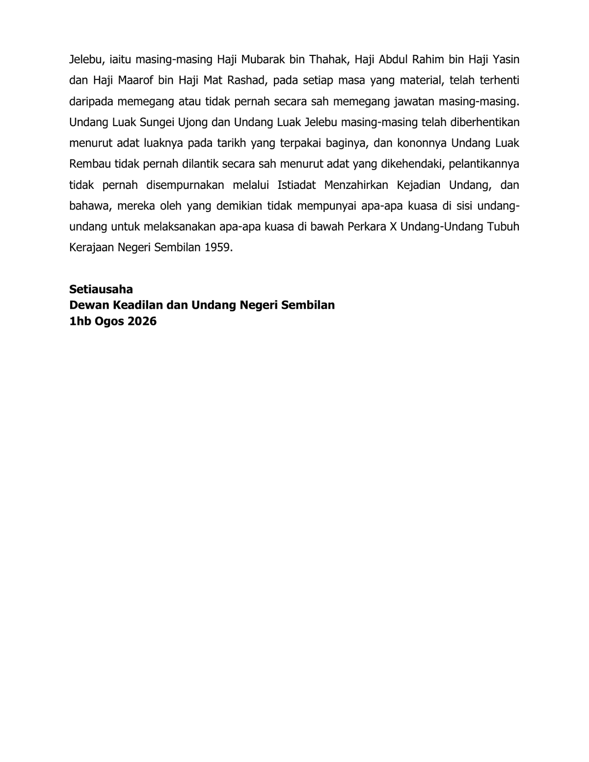 Muka surat 3 perutusan rasmi Dewan Keadilan dan Undang Negeri Sembilan bertarikh 1 Ogos 2026