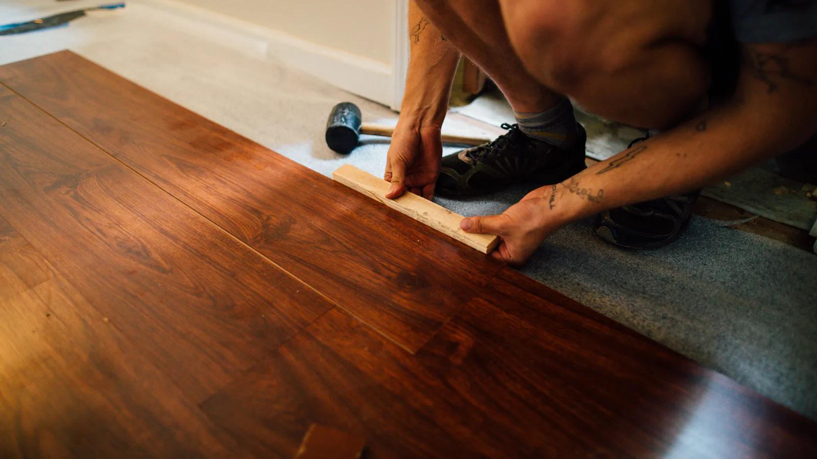 施工人員以橡膠槌將仿木紋地板 plank 嵌合安裝於住宅室內