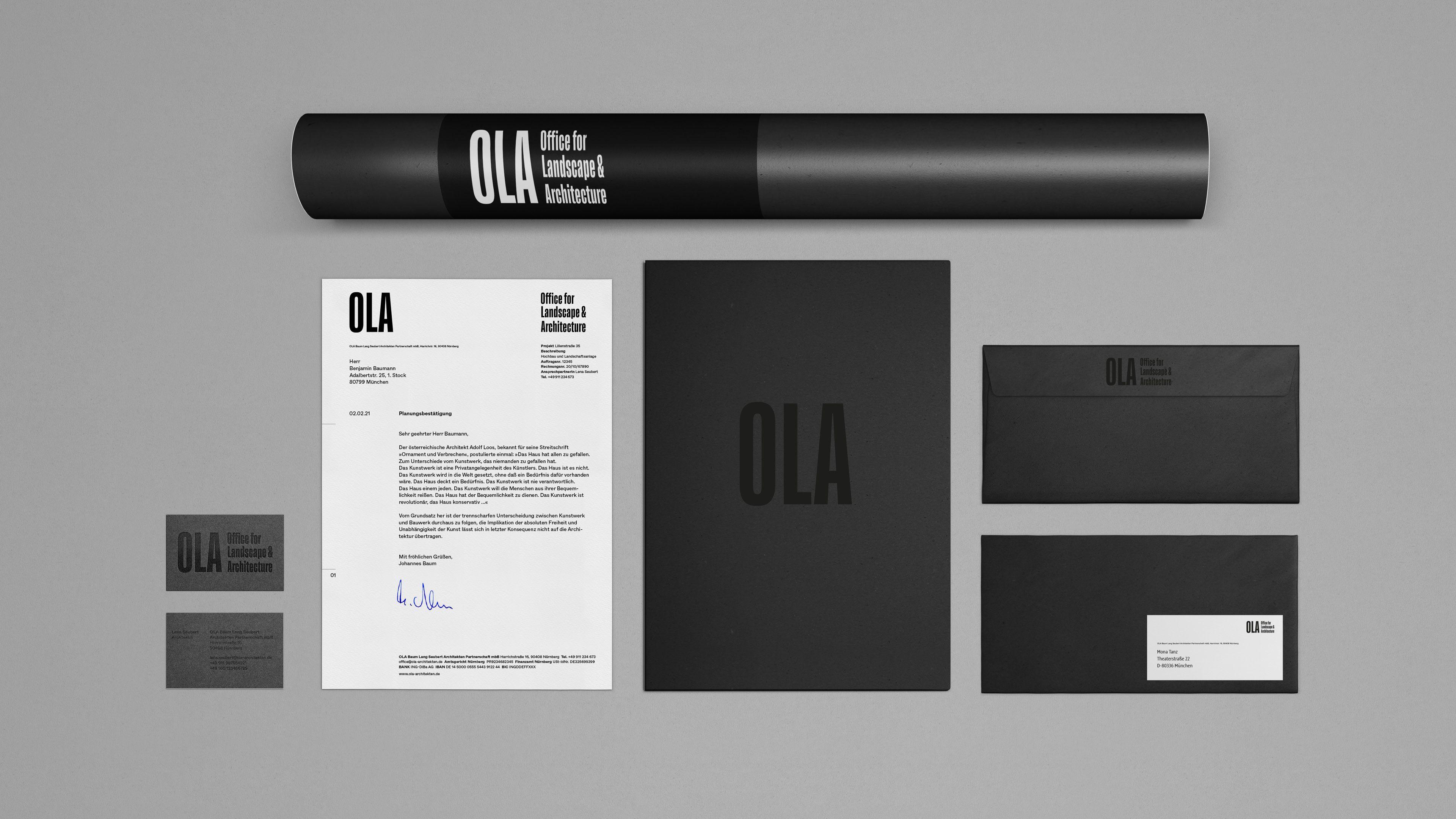 Stationary Overview for OLA designed by Just Your Type in a pure minimalistic Design, that is still Bold and loud in a individual typographic language