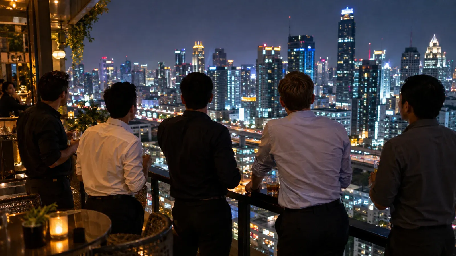 A group on a Bangkok rooftop with the skyline behind them early in the evening