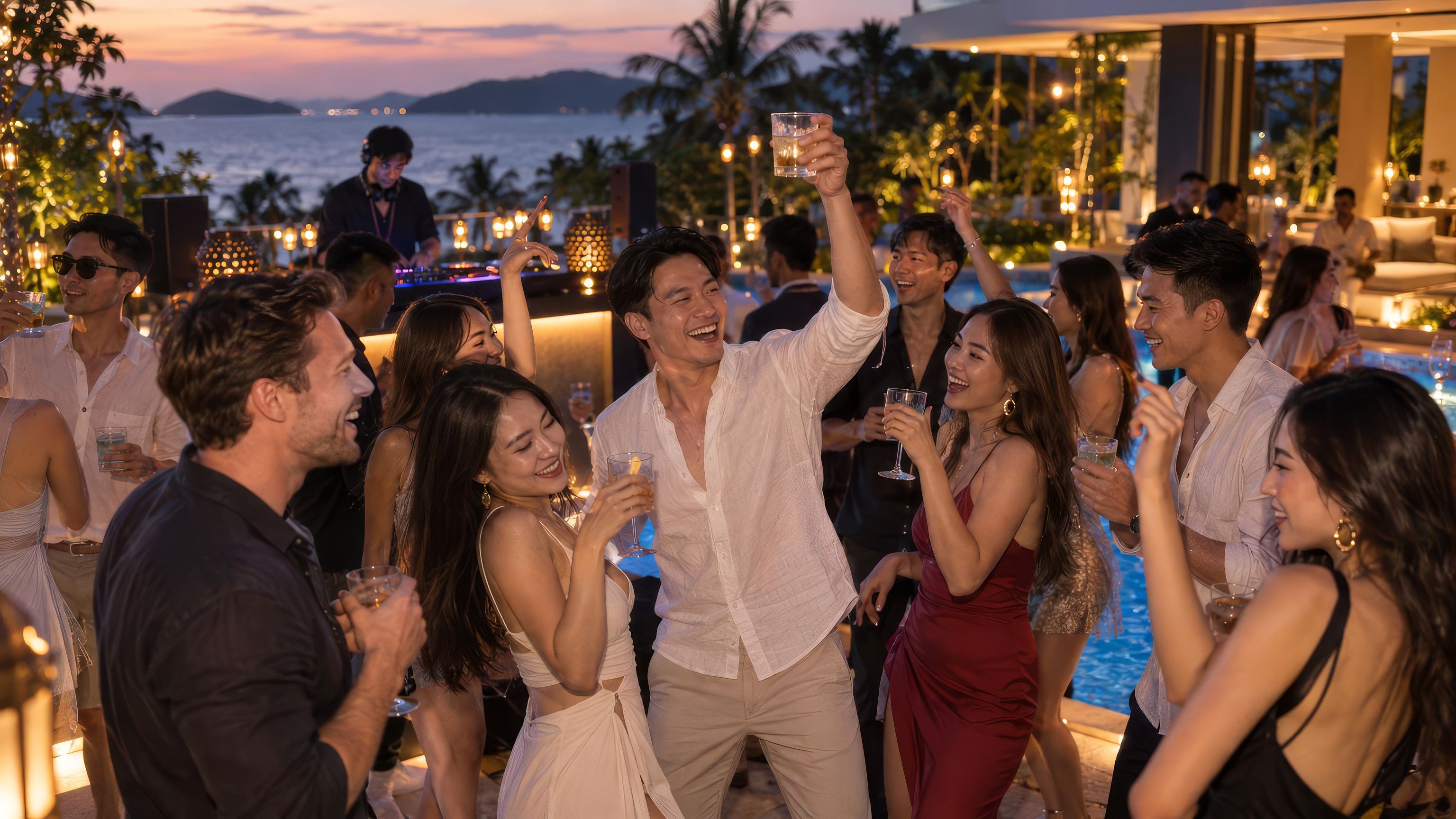 A bachelor group at a lit pool villa at dusk