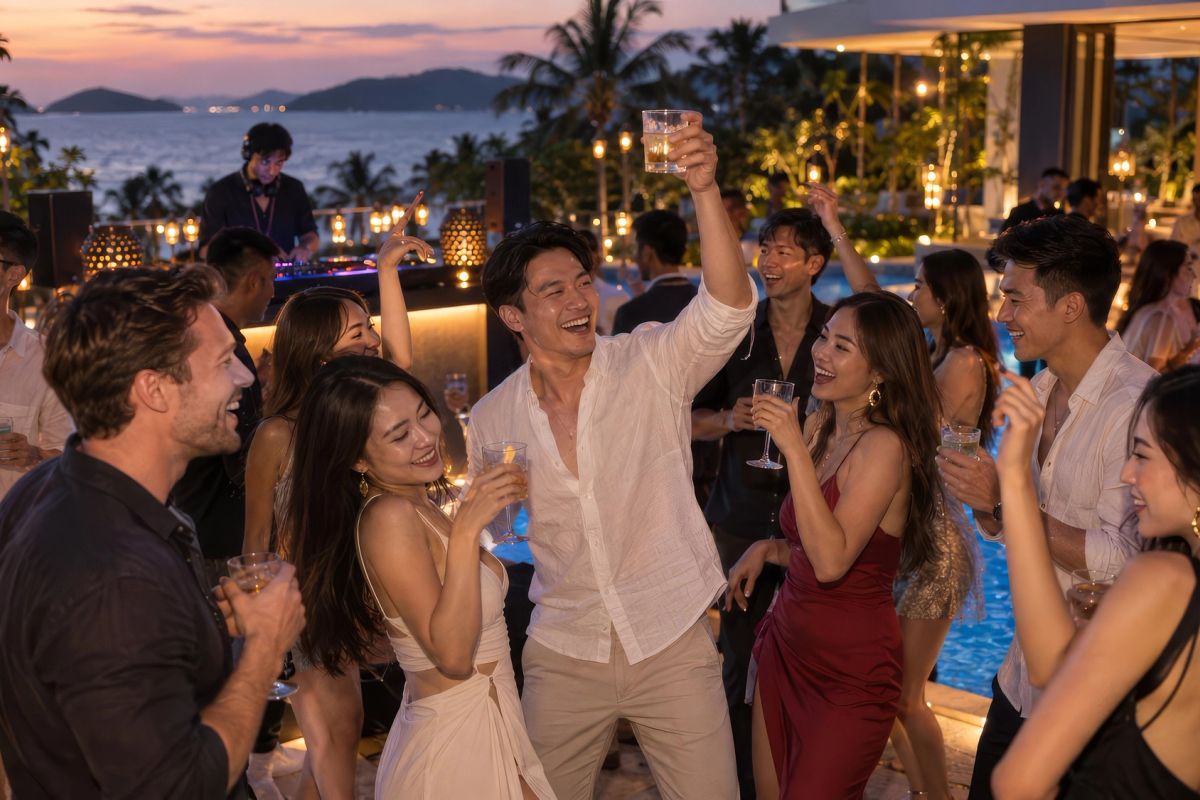 A bachelor group at a lit pool villa at dusk