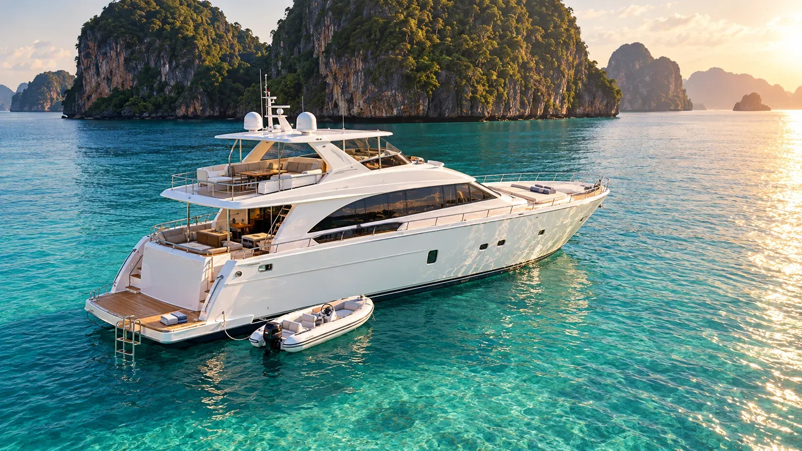 A large motor yacht at anchor near limestone karsts in golden hour light