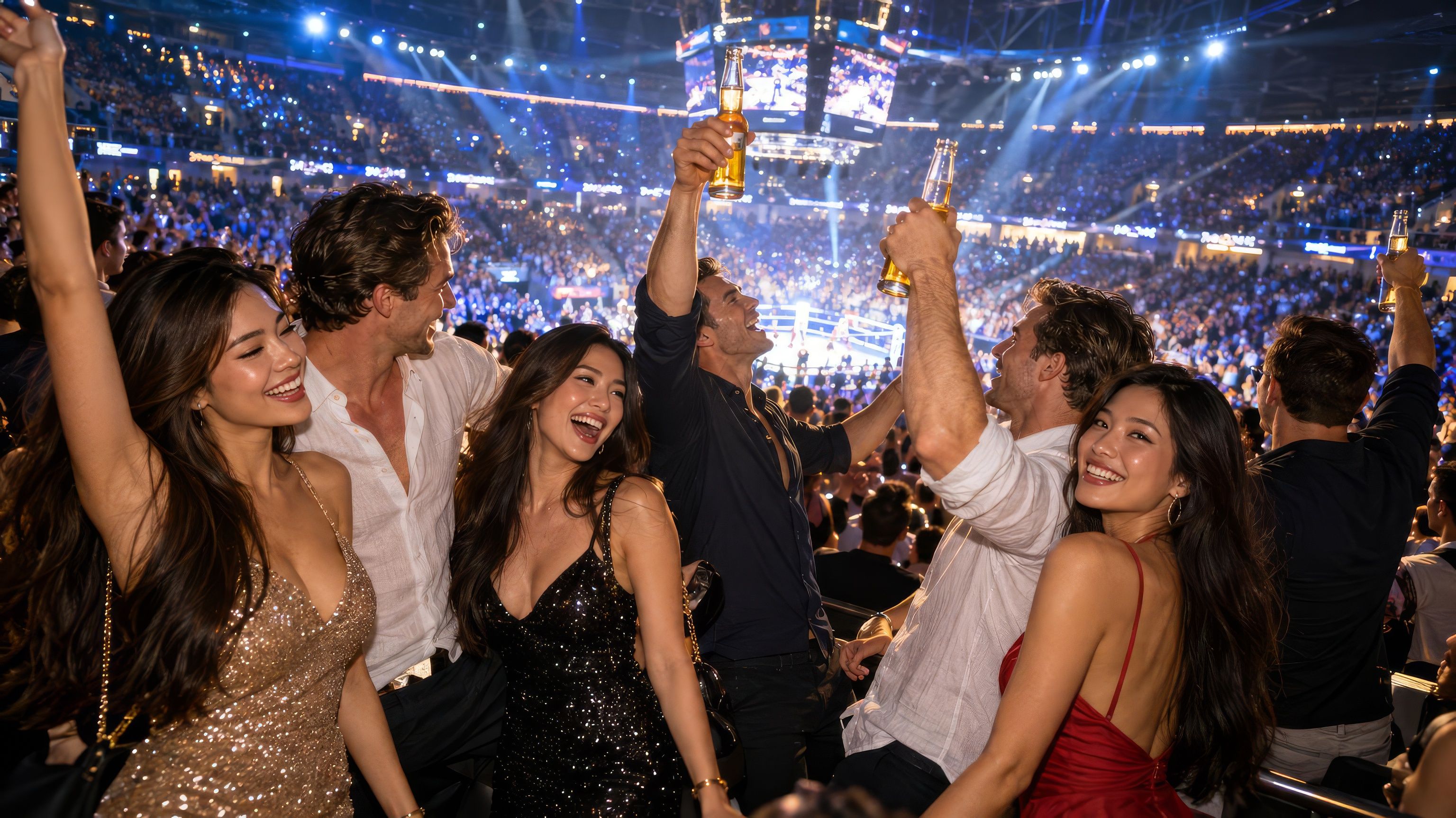 A bachelor group cheering in the crowd at a stadium at night