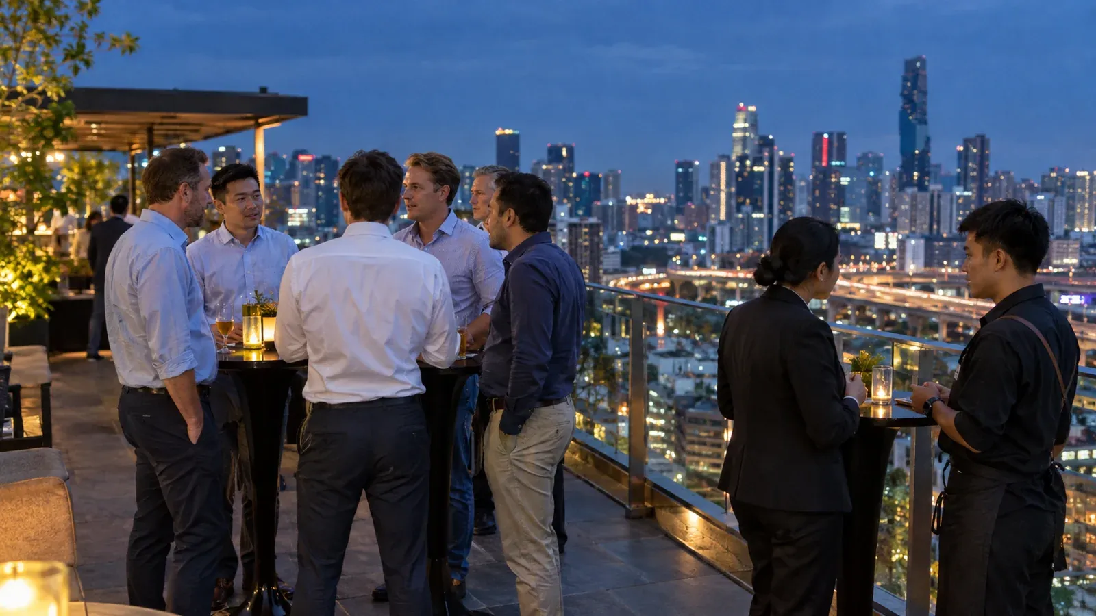 A group out together early in the evening on a Bangkok rooftop