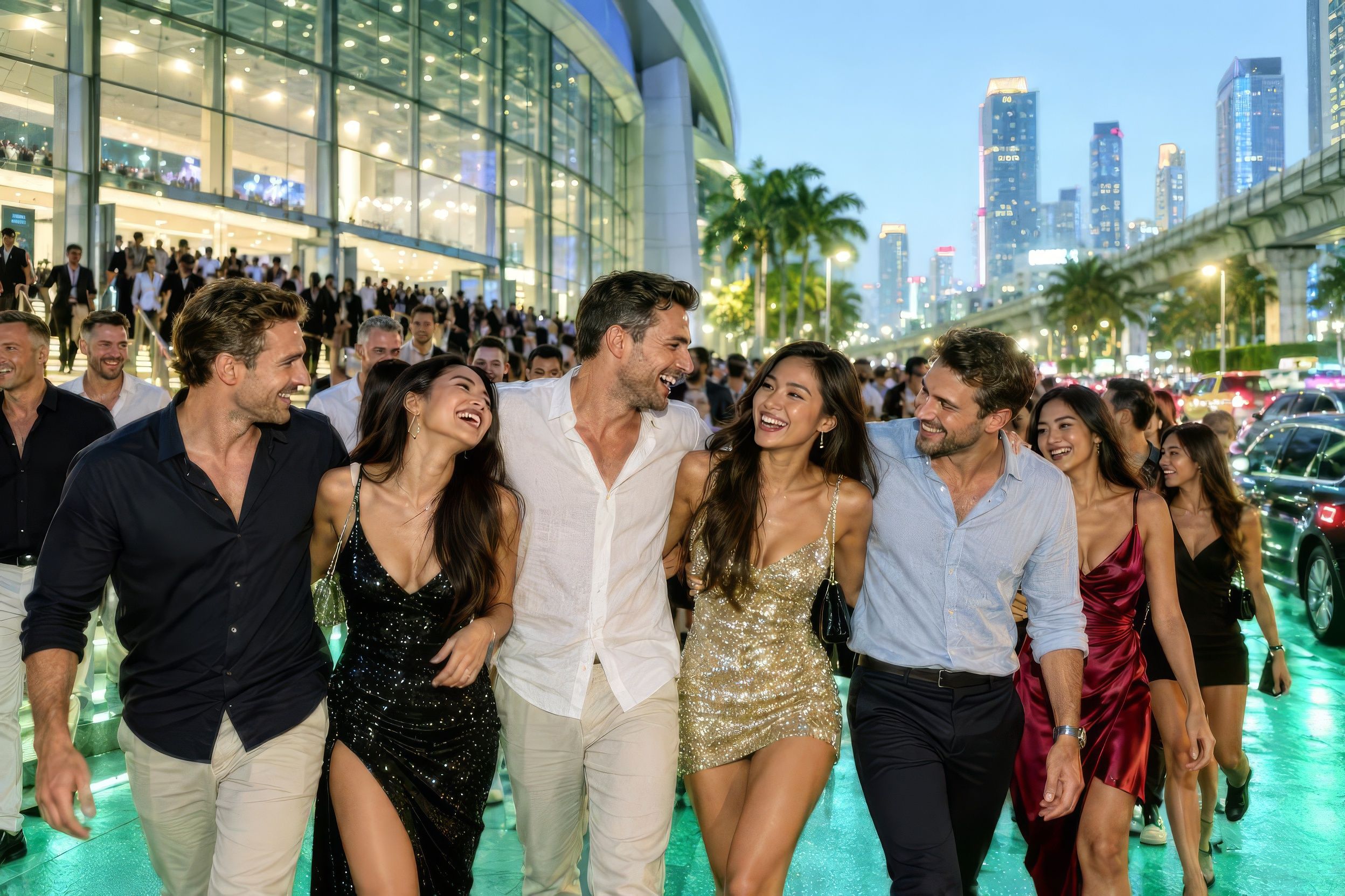 A bachelor group in smart shirts heading out after the fights