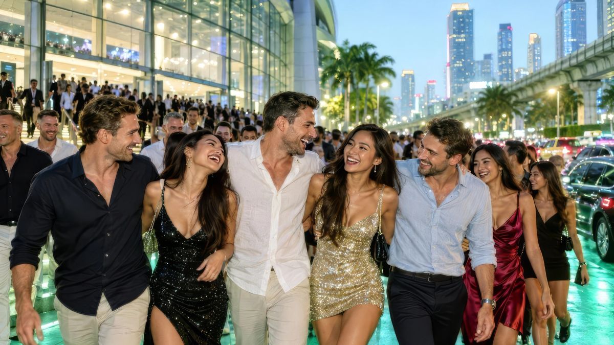 A bachelor group in smart shirts heading out after the fights