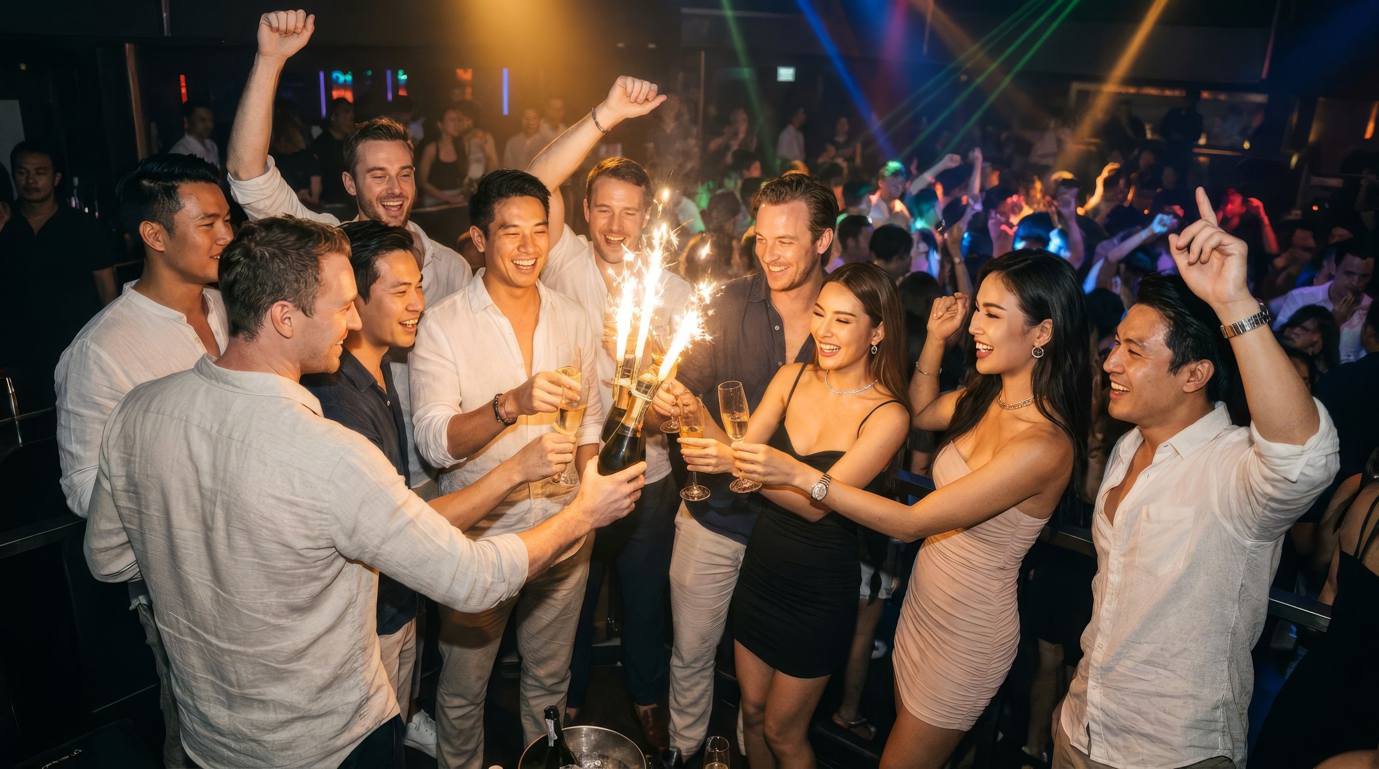 A group celebrating in their VIP zone as sparklers arrive, the crowd below