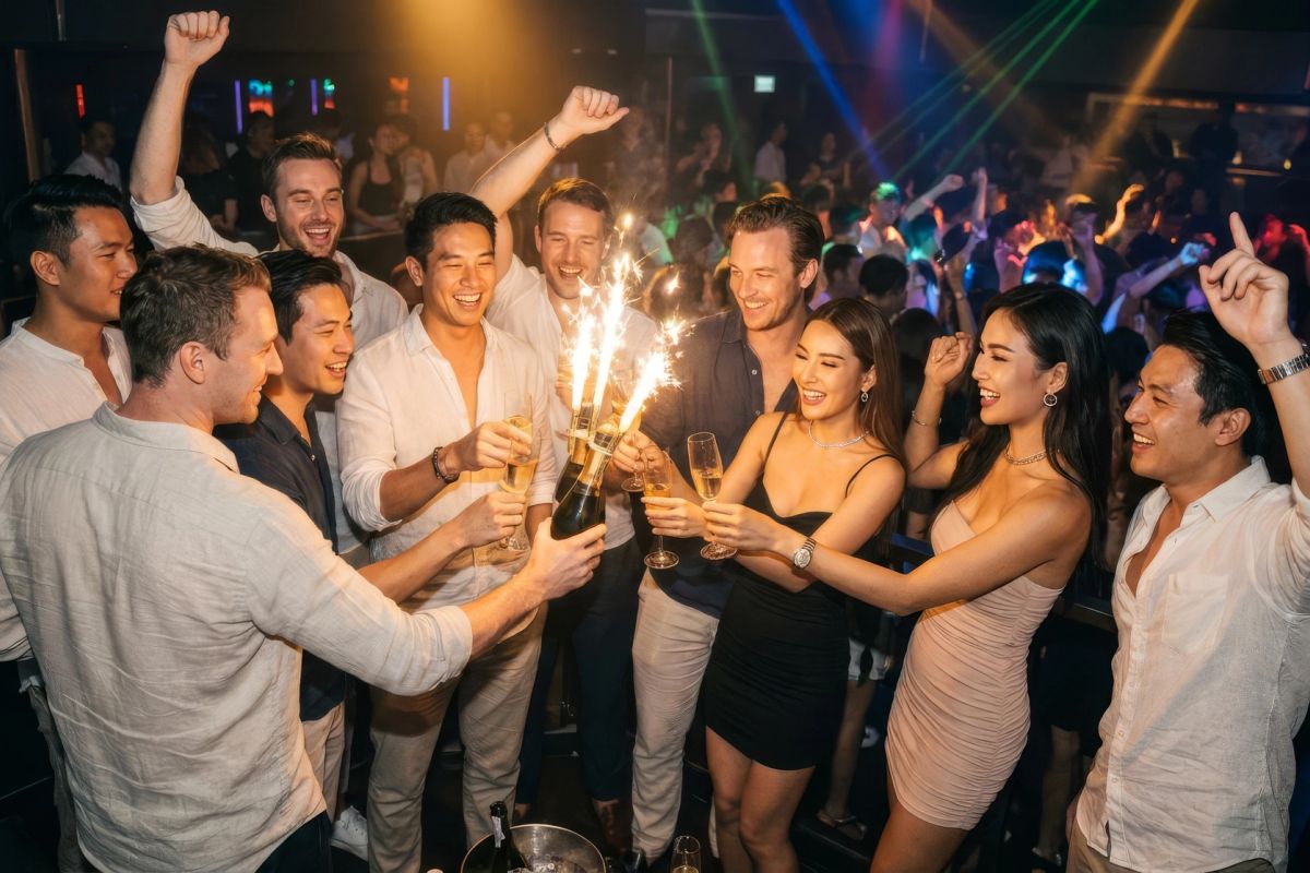A group celebrating in their VIP zone as sparklers arrive, the crowd below