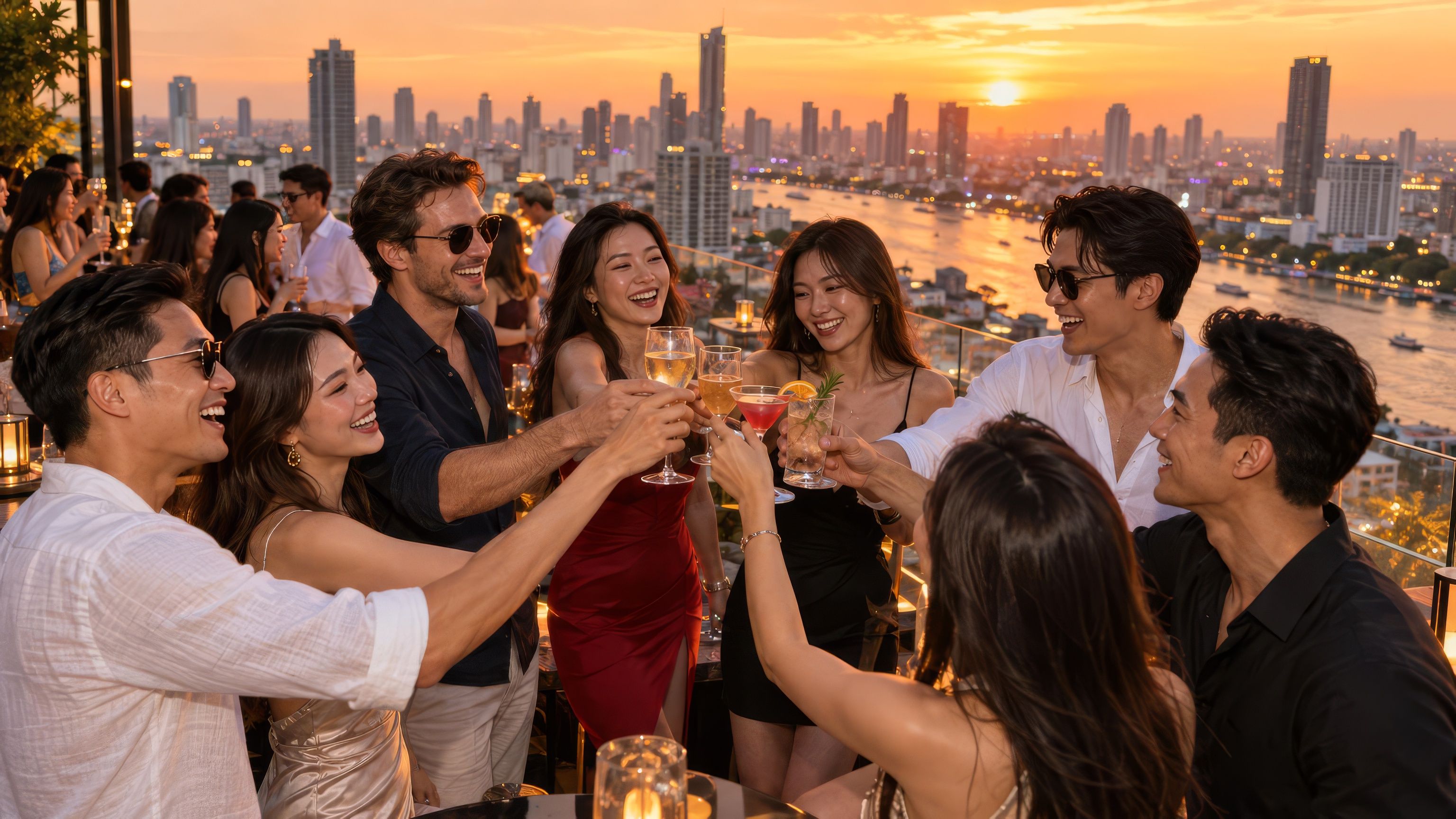 A group raising cocktails on a Bangkok rooftop at golden hour, the skyline glowing behind them
