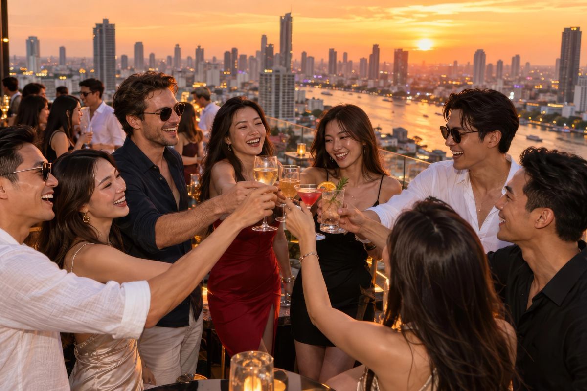 A group raising cocktails on a Bangkok rooftop at golden hour, the skyline glowing behind them