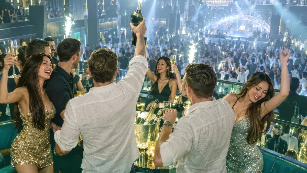 A bachelor group arriving in their club VIP zone after the fight.