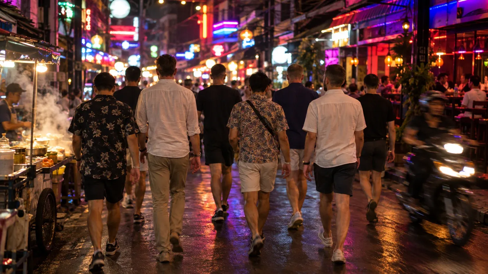 The group moving through Bangkok late at night