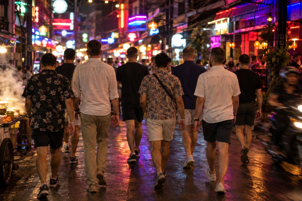 The group moving through Bangkok late at night