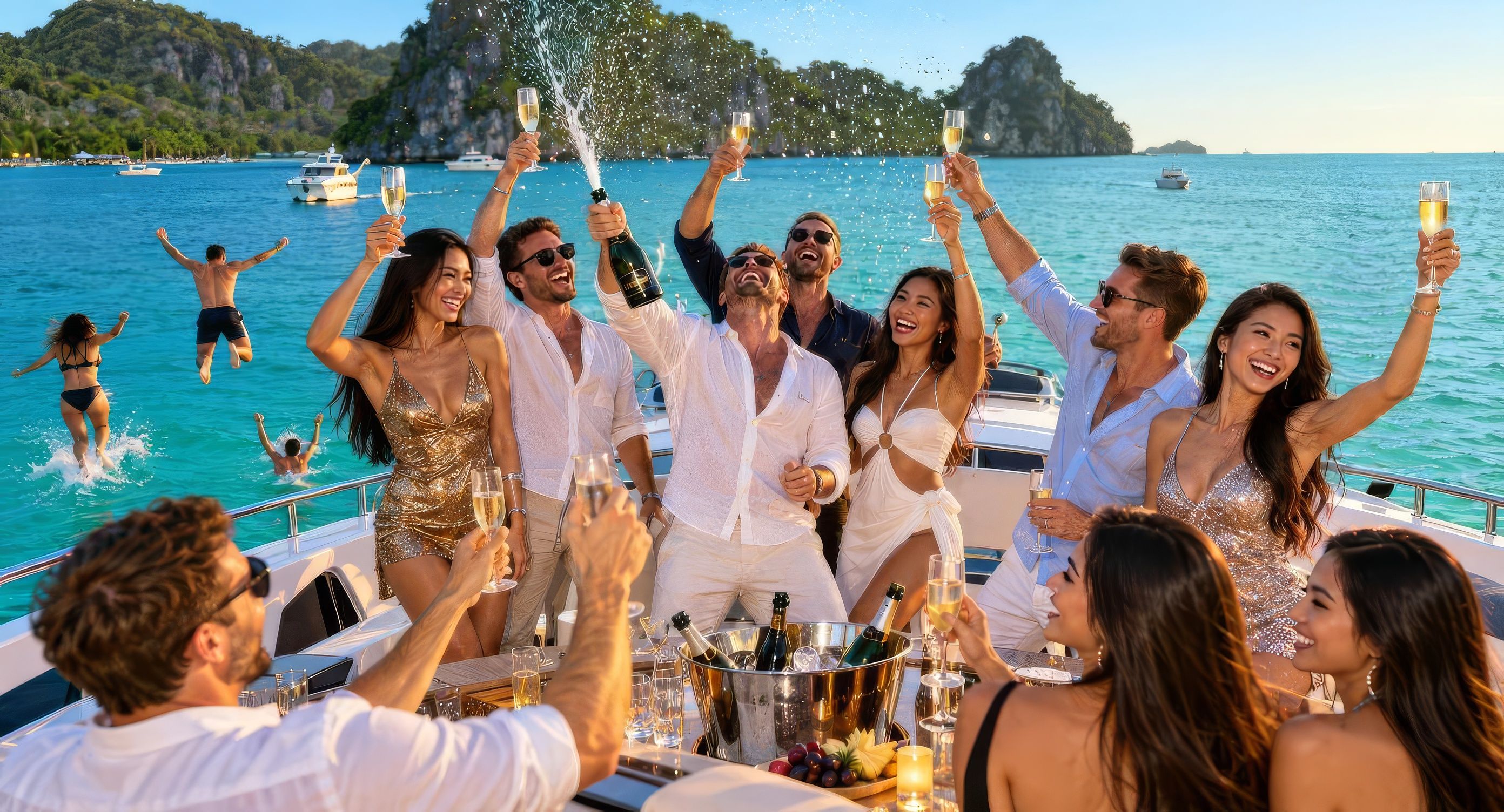 A bachelor party toasting the groom on a yacht at golden hour.