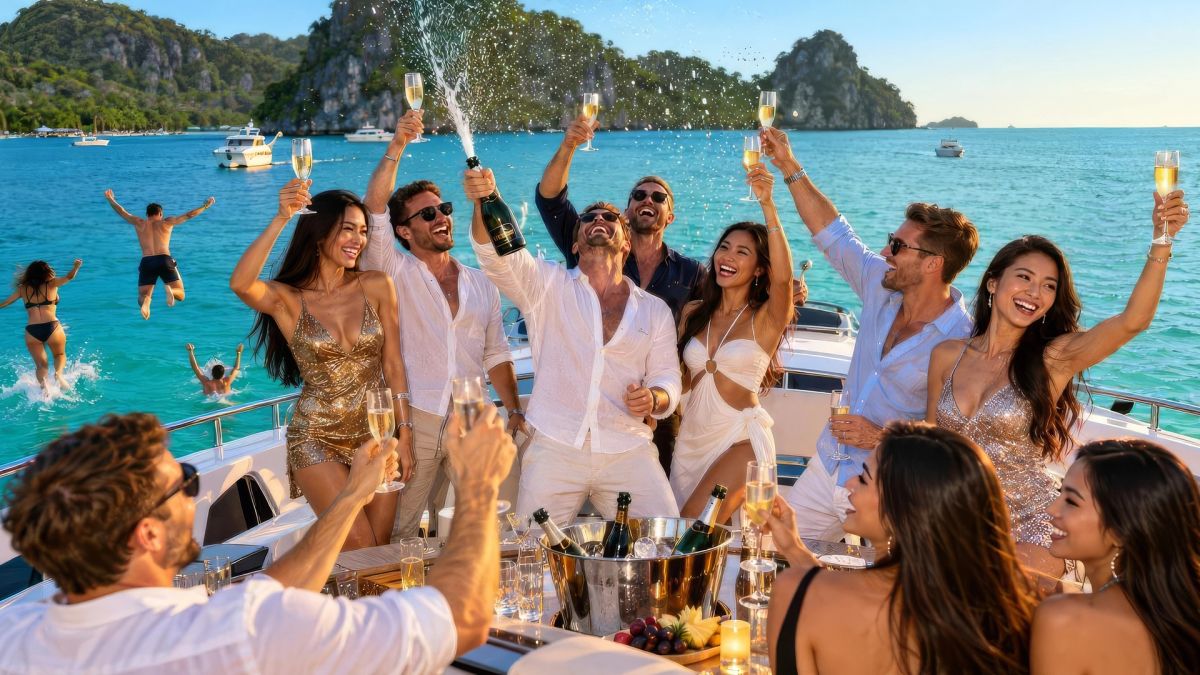 A bachelor party toasting the groom on a yacht at golden hour.
