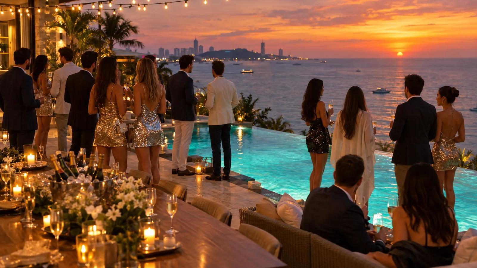 The group at the beachfront villa pool at dusk in Pattaya