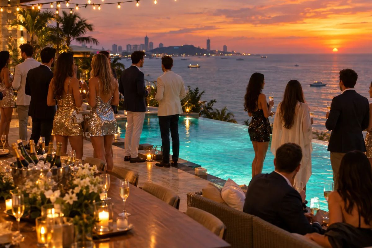 The group at the beachfront villa pool at dusk in Pattaya