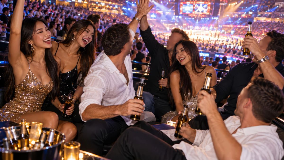 A bachelor group in good seats at a stadium at night