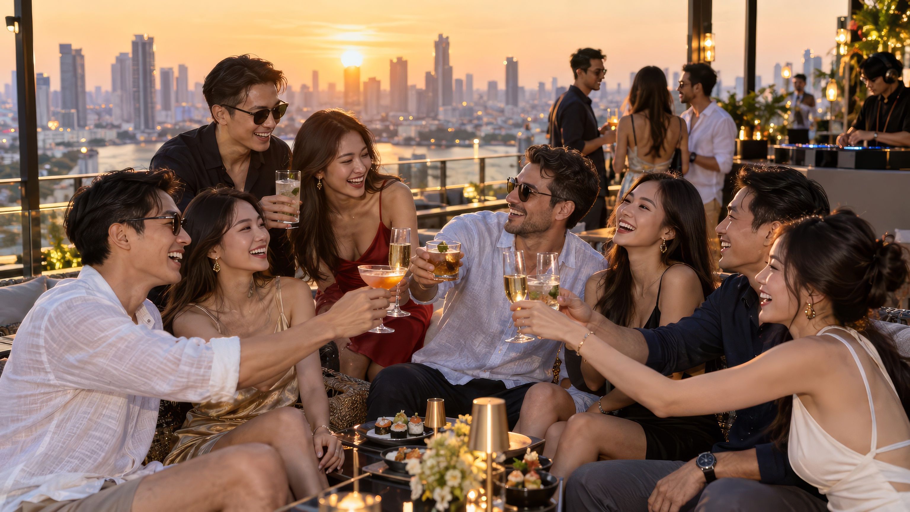 A group raising glasses on a Bangkok rooftop at golden hour, the skyline behind them under a clear sky