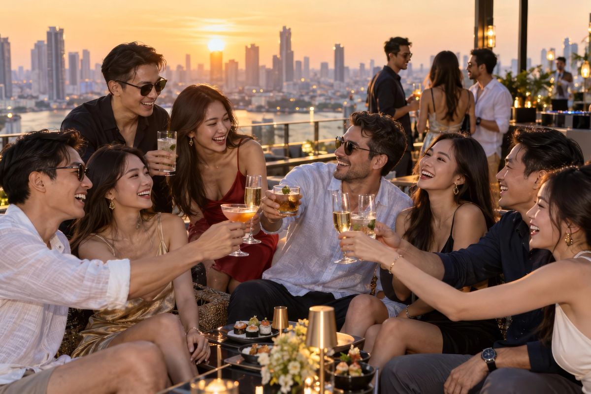 A group raising glasses on a Bangkok rooftop at golden hour, the skyline behind them under a clear sky