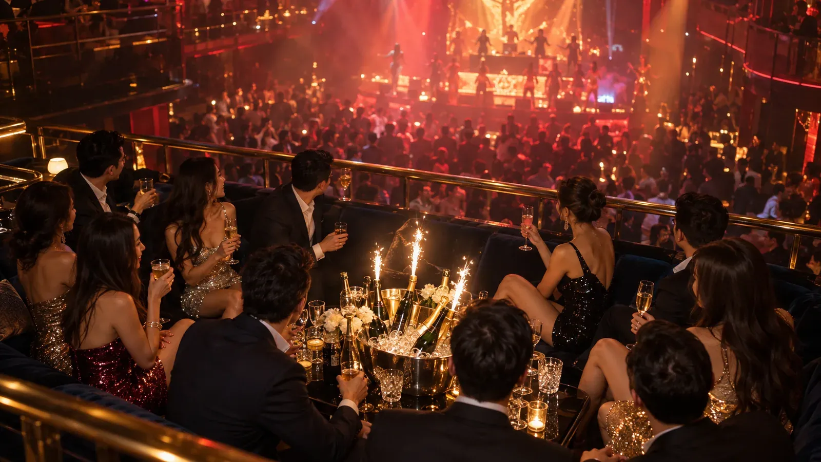 A raised VIP section above a full club, bottles in ice and sparklers lit
