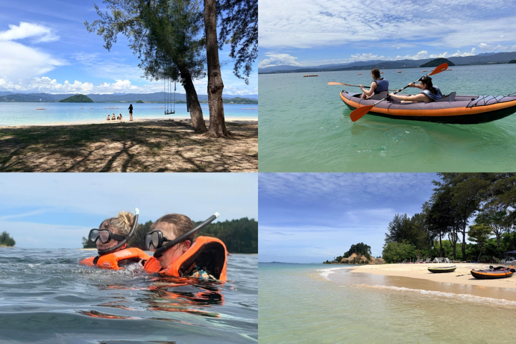 A four-image collage showing students taking part in water activities during their World Challenge expedition in Borneo. The images show students snorkelling in tropical waters, kayaking along the coastline, relaxing on a sandy beach with turquoise sea and mountain views, and enjoying the island's beautiful natural surroundings.