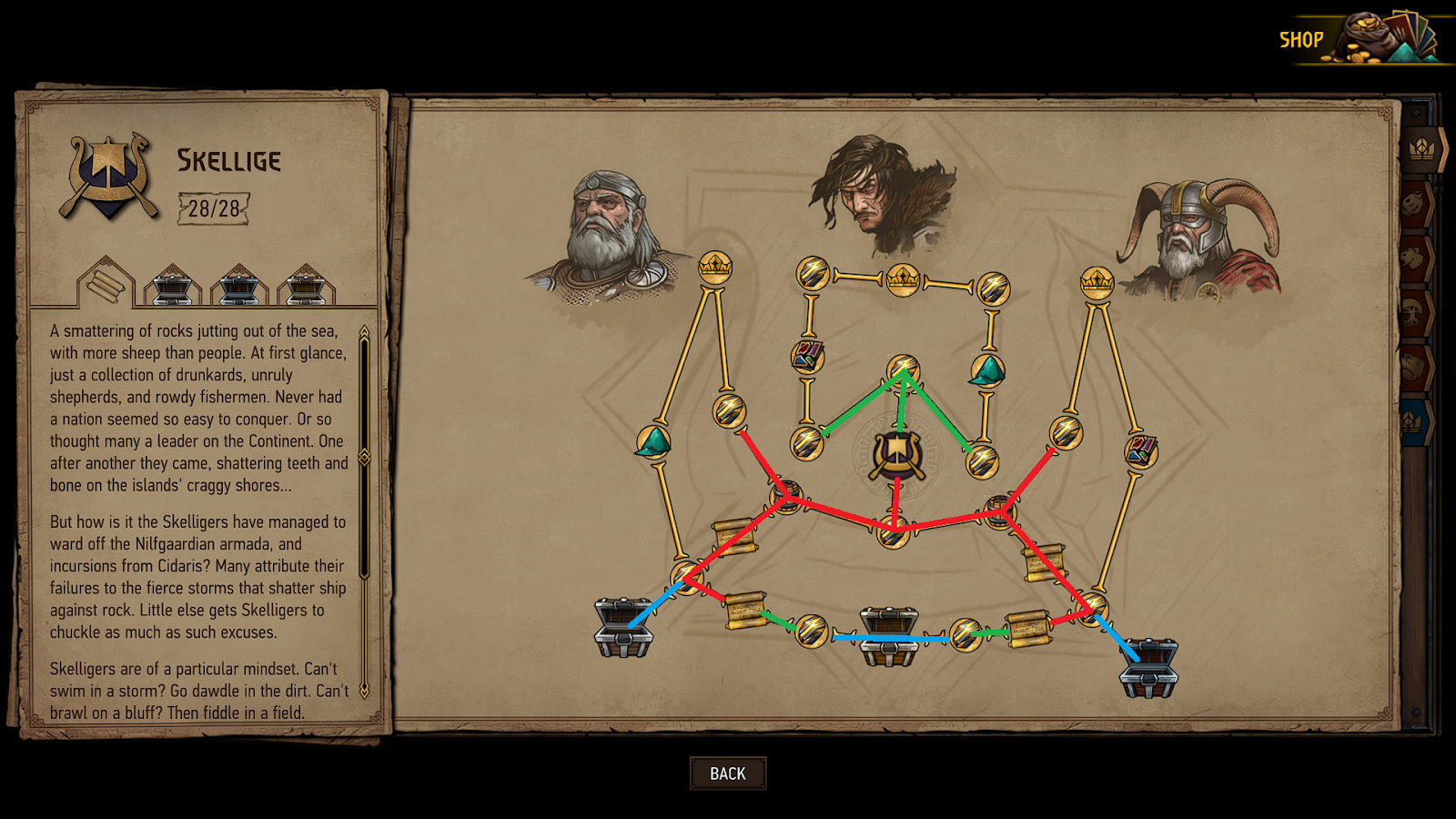 The different routes are shown in red, blue and green on the reward tree for Skellige