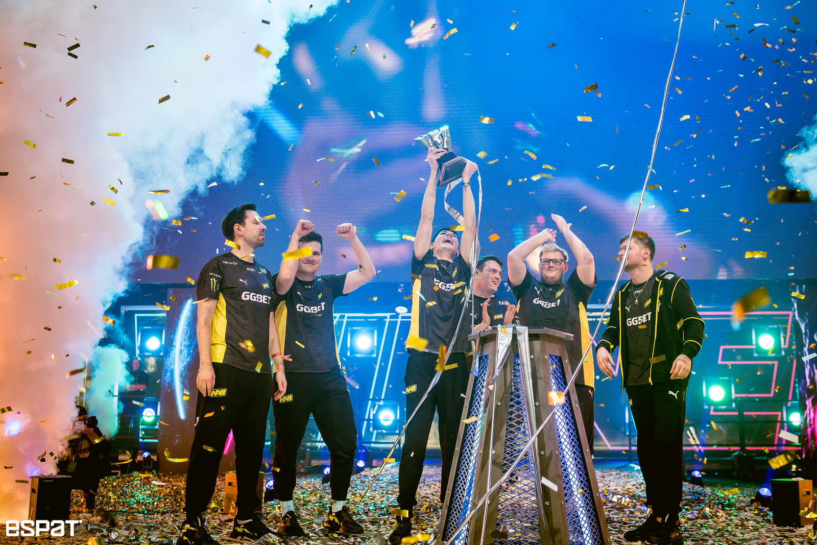 The roster for NAVI lift the trophy after winning the PGL Major Stockholm 2021