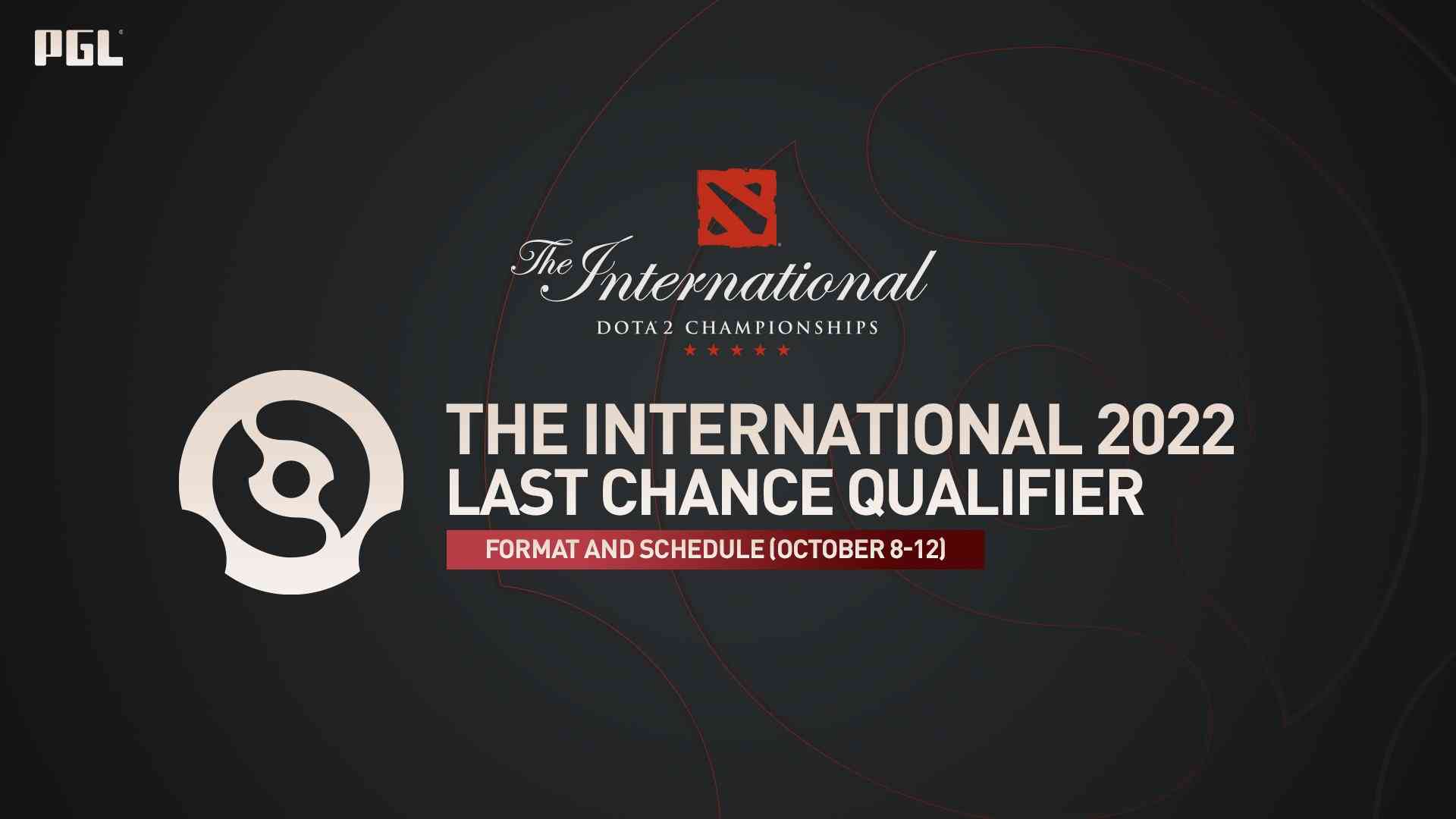 Decorative text against a black background reads "The International 2022 Last Chance Qualifier. Format and Schedule (October 8-12)"