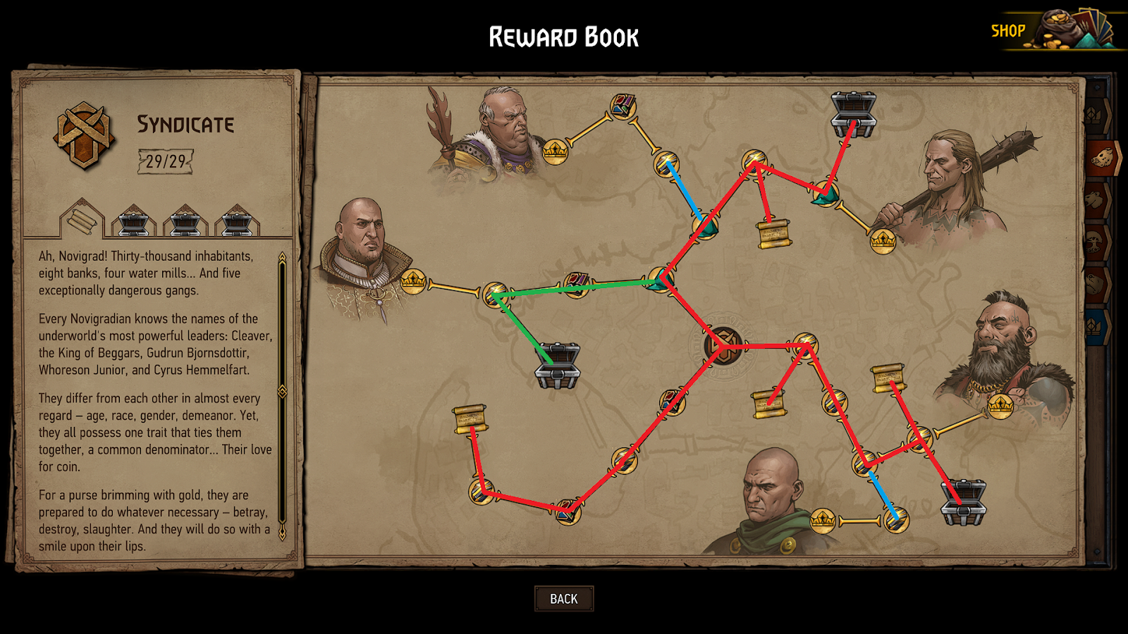 The different routes are shown in red, blue and green on the reward tree for the Syndicate