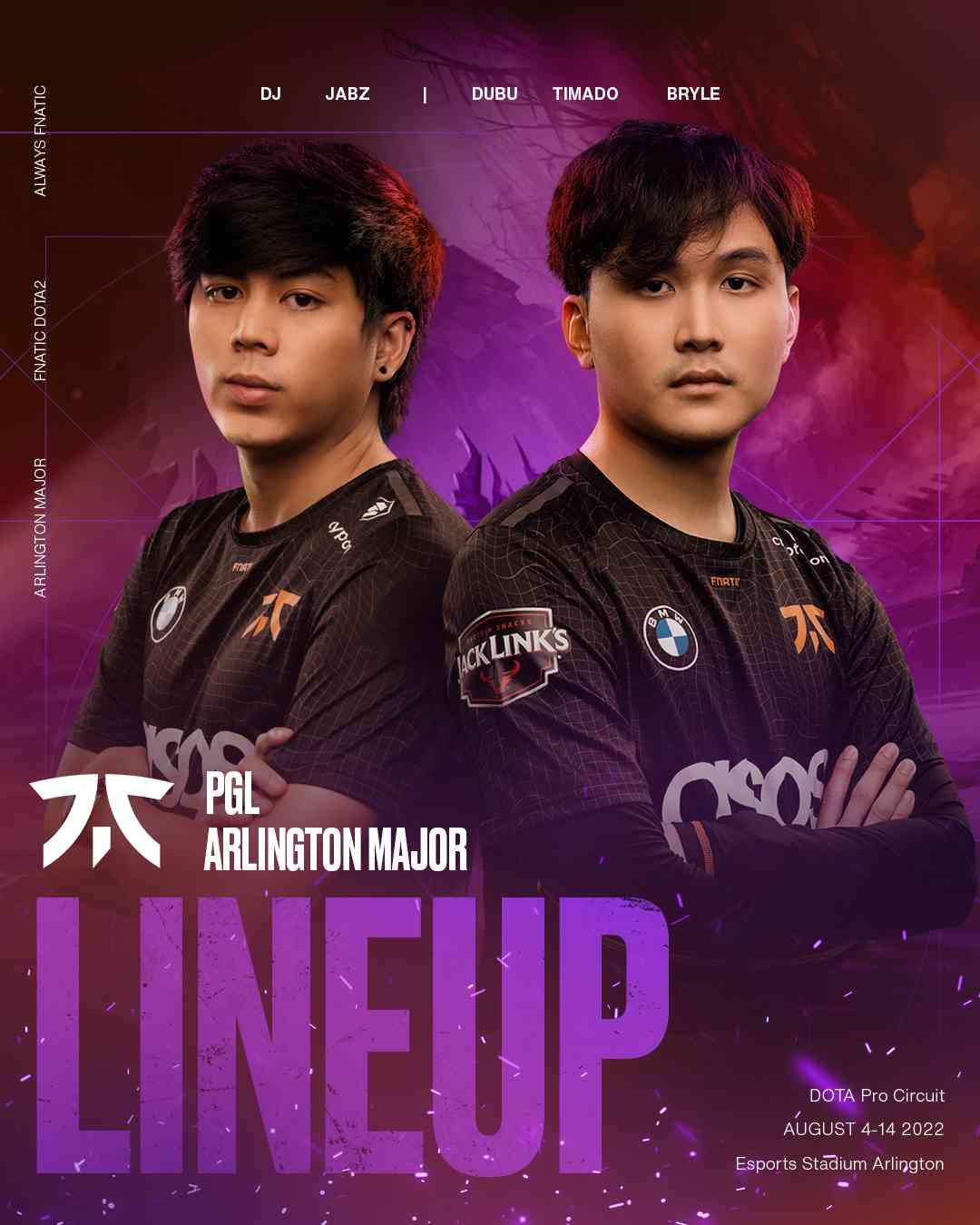 DJ and Jabz stand in their Fnatic jerseys on a graphic announcing the substitutes for the Arlington Major 2022
