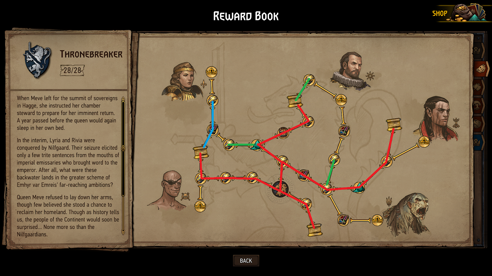 The different routes are shown in red, blue and green on the reward tree for Thronebreaker