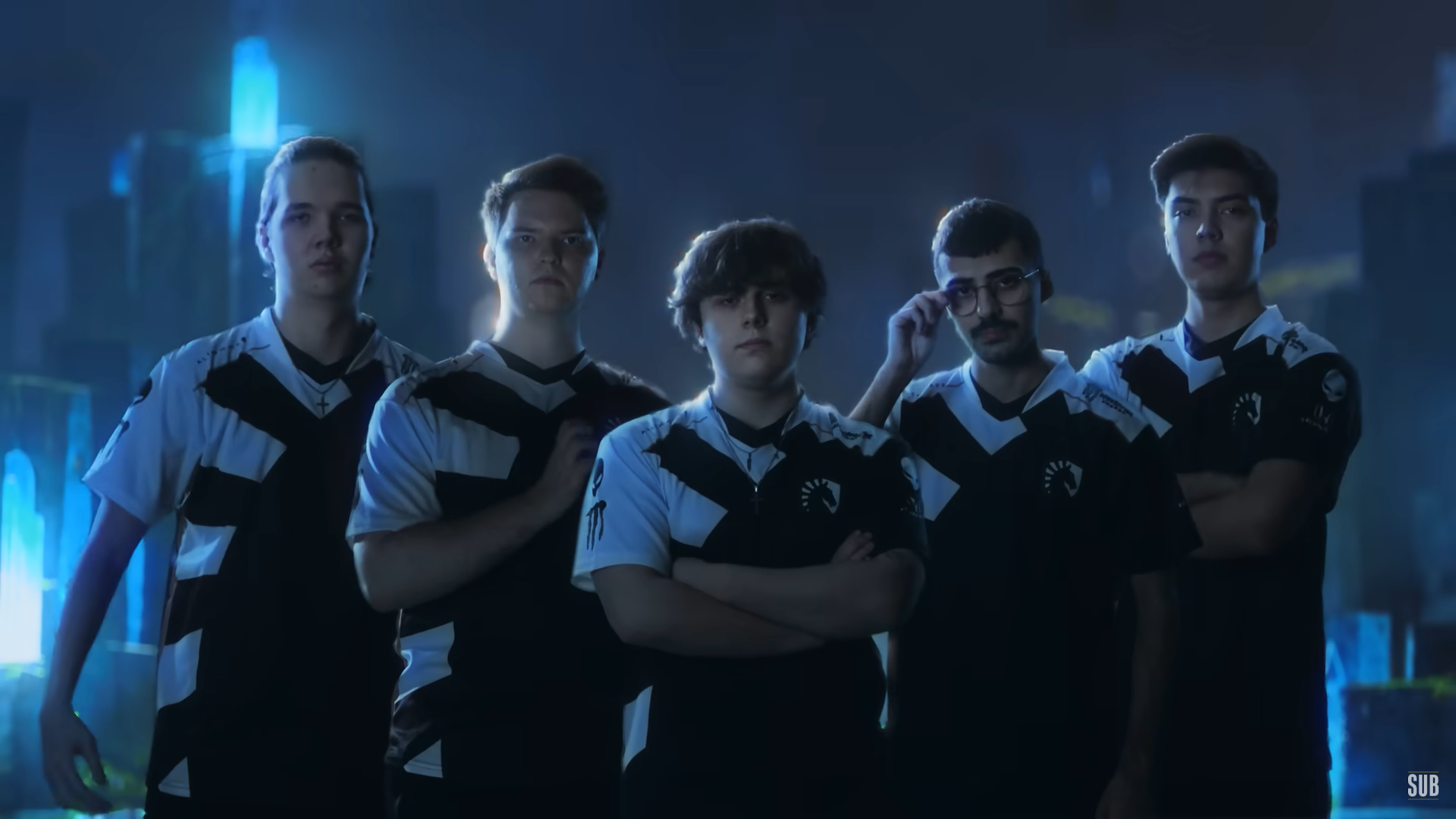 The roster for Team Liquid's Valorant team stand together in their jerseys 