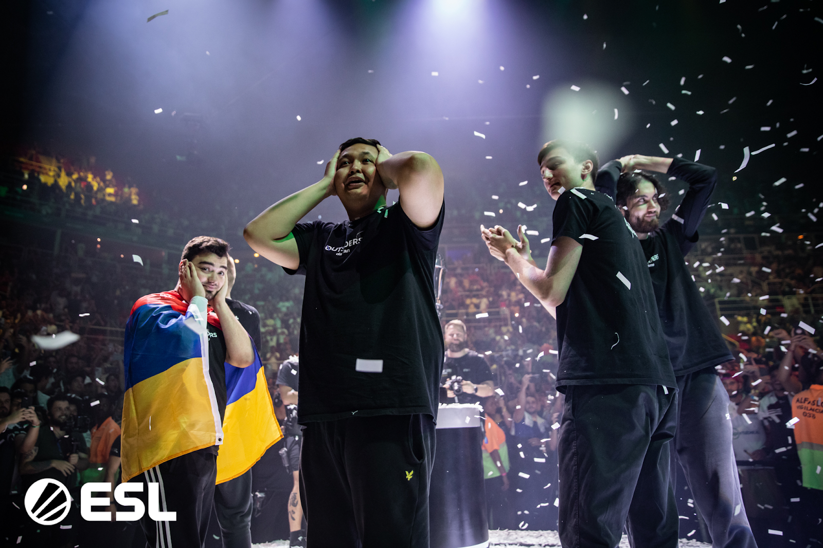 The roster for Outsiders take the stage in awe after taking the win in the Grand Finals at IEM Rio 2022