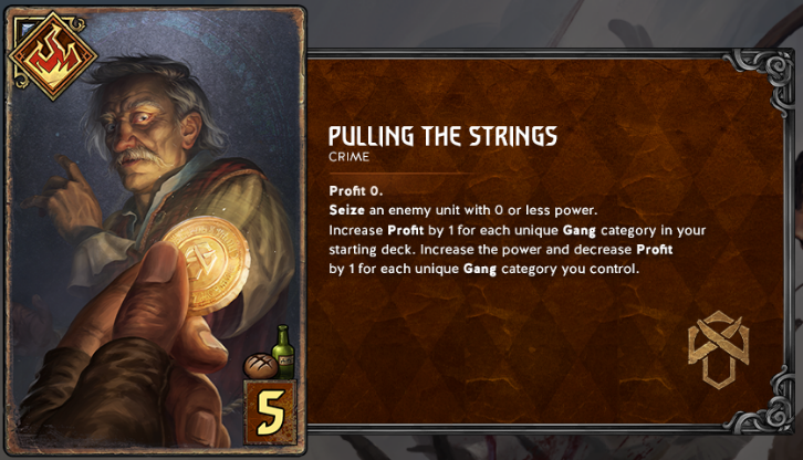 Pulling the Strings is a new Crime card for Syndicate decks which can increase your profit by the number of gang categories you control