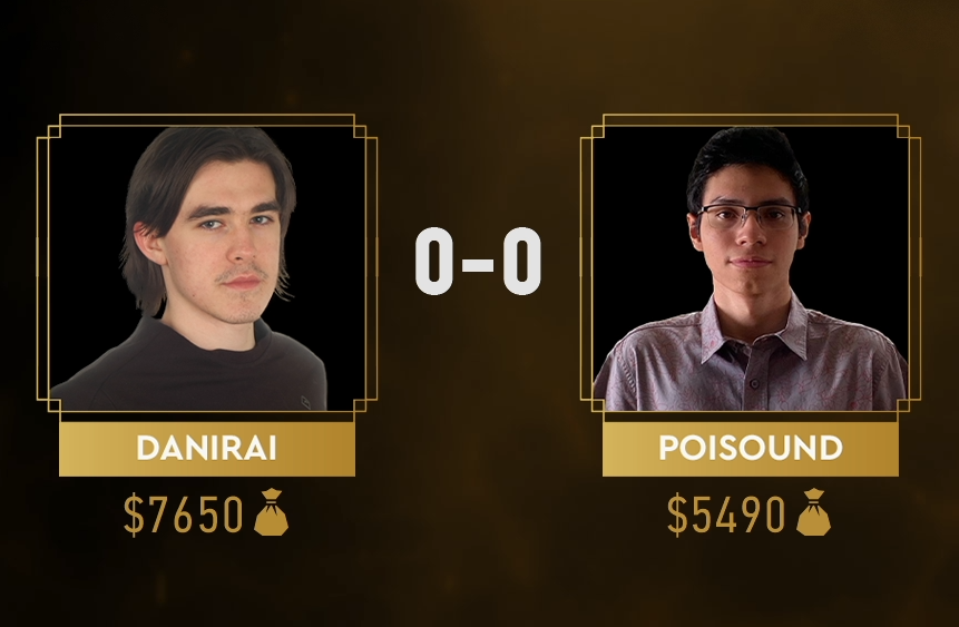 A headshot of Gwent Masters competitors Danirai and Poisound appear side by side with their total earnings ($7650 and $5490) beneath them.