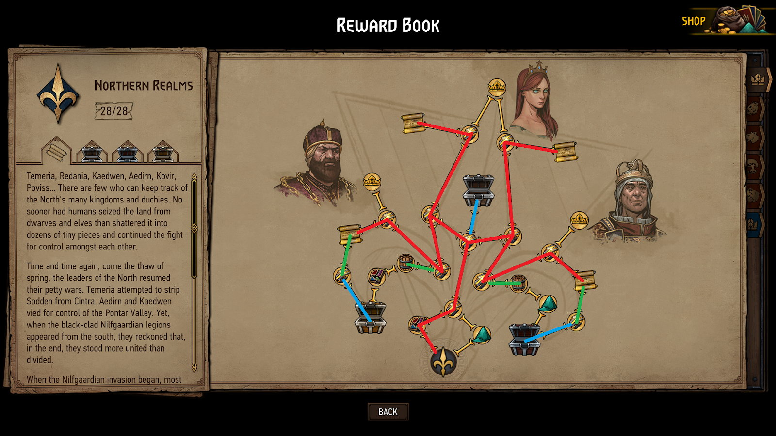 The different routes are shown in red, blue and green on the reward tree for the Northern Realms