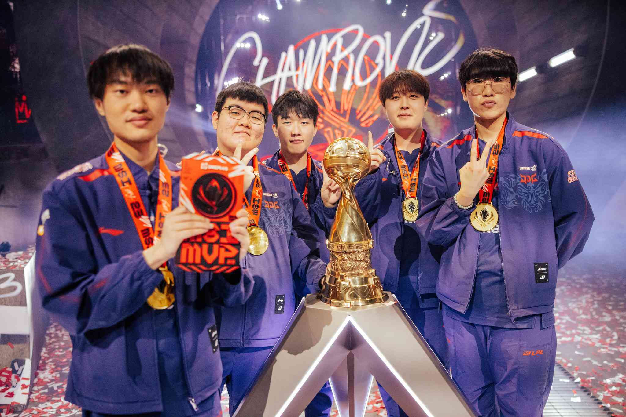 The JDG roster is considered one of the favorites after their MSI 2023 championship (Image Credits: Colin Young-Wolff/Riot Games)